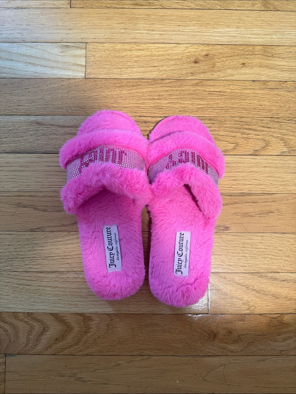 Juicy Couture Hot Pink Fuzzy Slide Slippers with Rhinestone Band